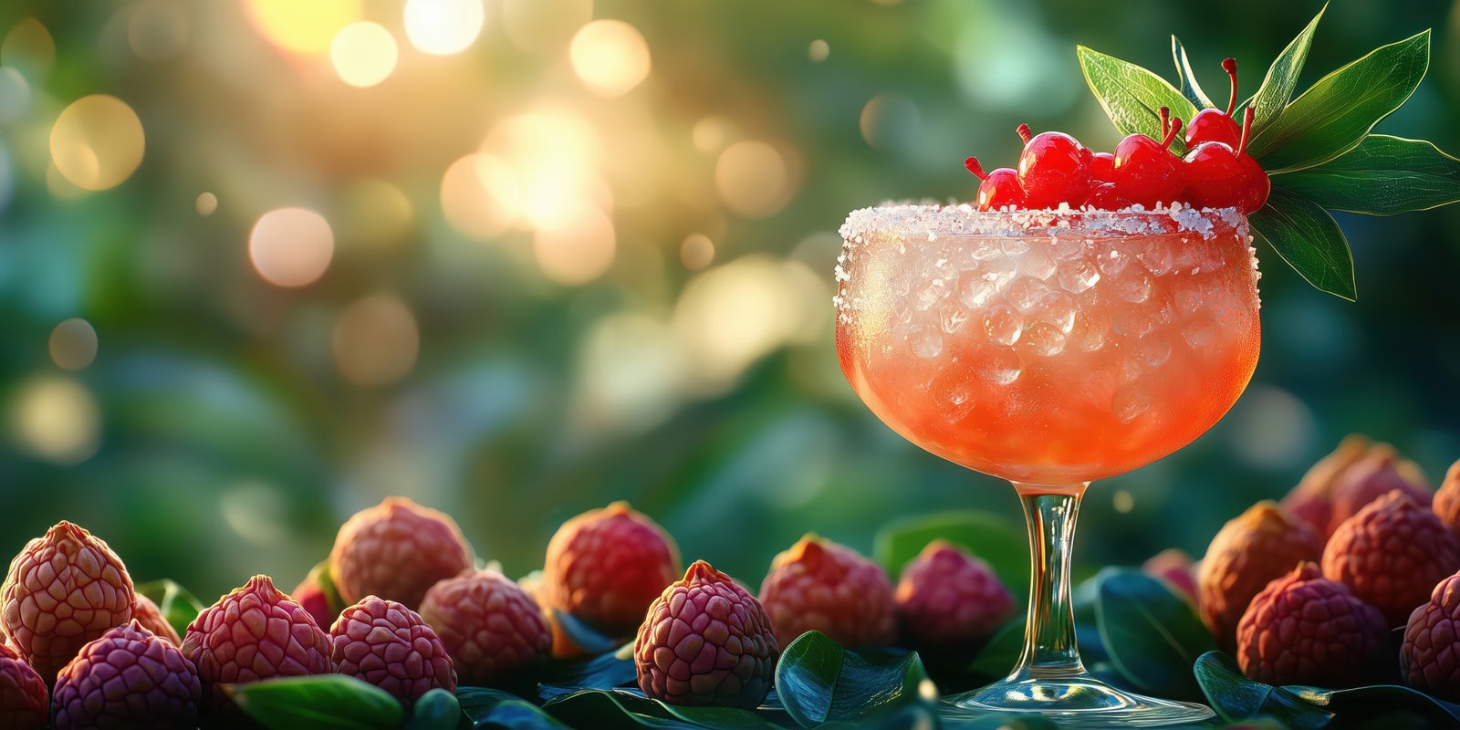 Refreshing raspberry cocktail garnished with cherries and mint leaves in a vibrant outdoor setting